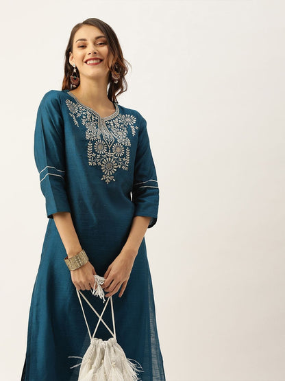 Women's Teal Blue Yoke Design Sequined Kurta With Trousers