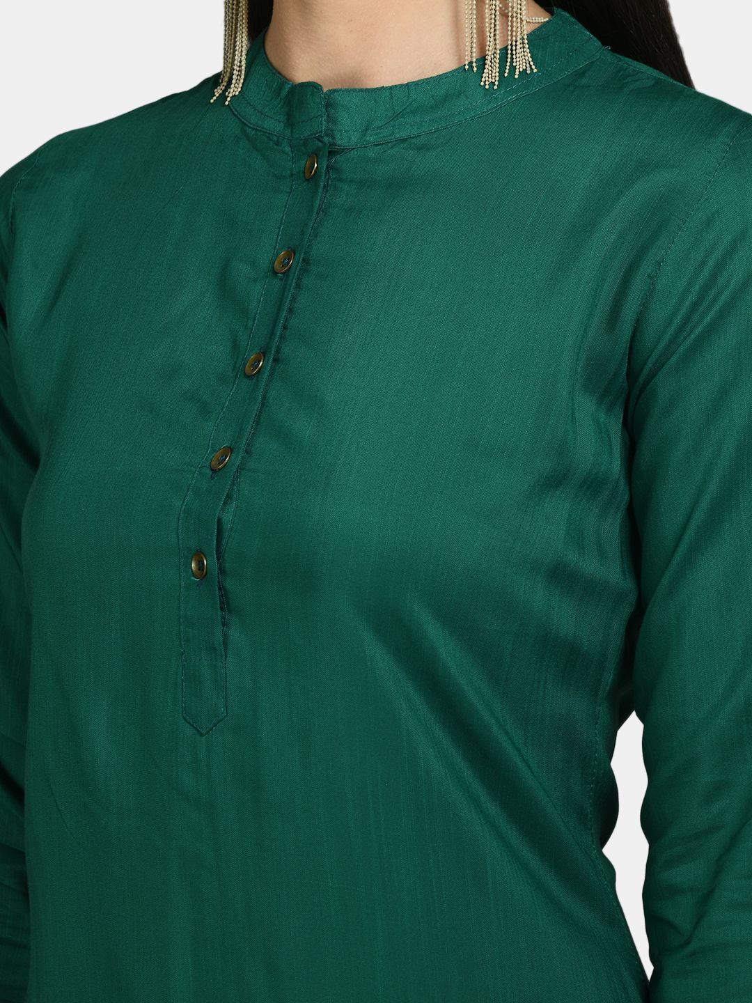 Women's Green Silk Solid 3/4 Sleeve Round Neck Casual Kurta Pant Dupatta Set