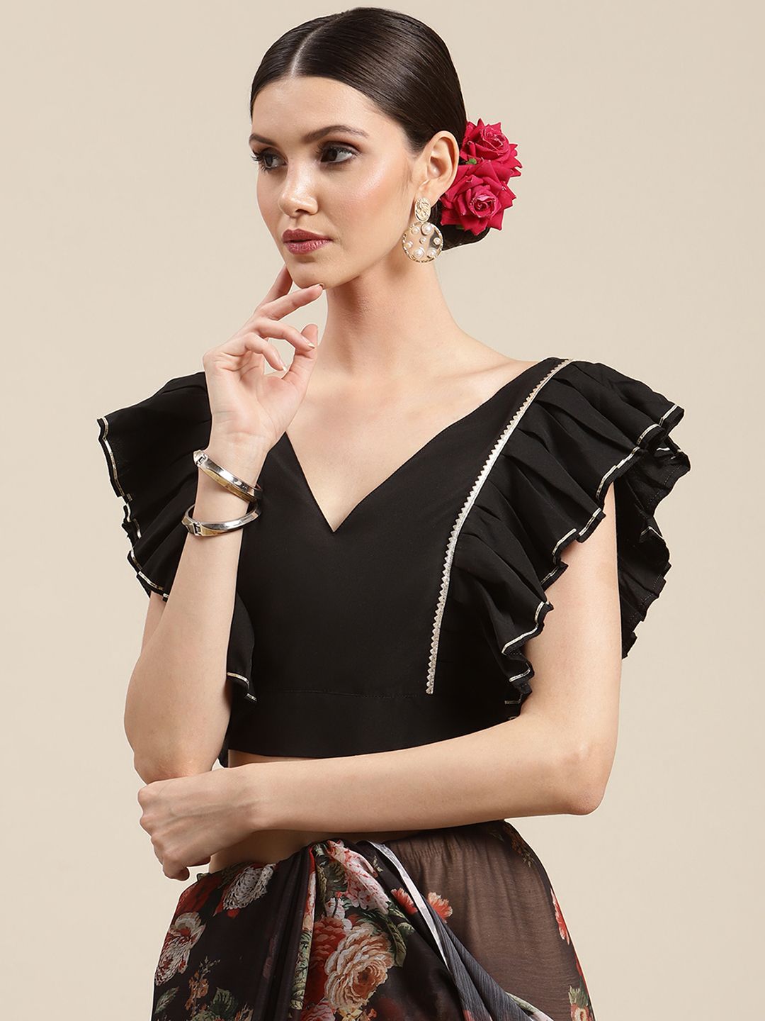 Women's Black Chiffon Digital Print Floral Saree