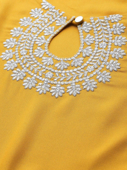 Women's Mustard Yellow Yoke Design Cotton Gathered Keyhole Neck Kurta