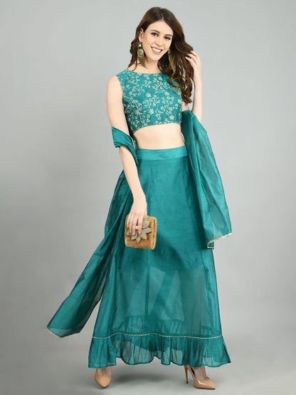 Women's Green Chanderi Printed Sleeveless Round Neck Casual Blouse Lehenga Dupatta Set