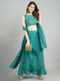 Women's Green Chanderi Printed Sleeveless Round Neck Casual Blouse Lehenga Dupatta Set