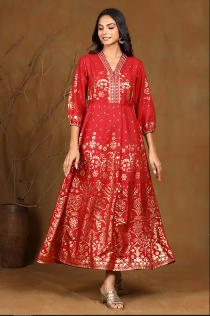 Women's Maroon Rayon Printed Anarkali