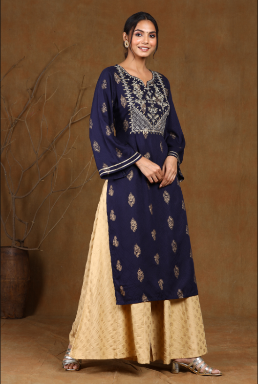 Women's Navyblue Rayon Embroidered Straight Kurta
