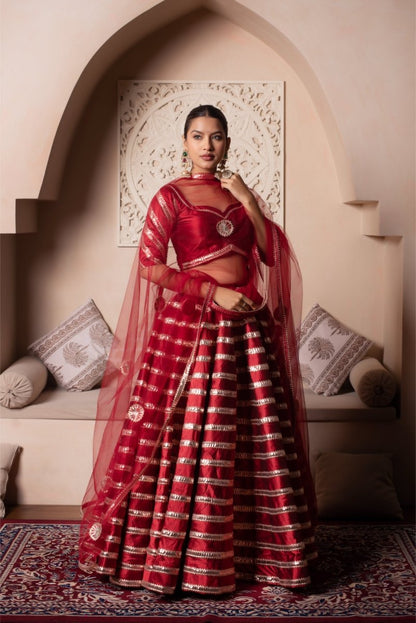Women's Ghazal Red Taffeta Silk Gota Patti Lehenga Set With Soft Net Dupatta