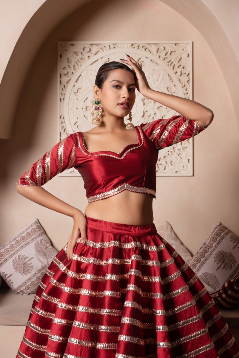 Women's Ghazal Red Taffeta Silk Gota Patti Lehenga Set With Soft Net Dupatta
