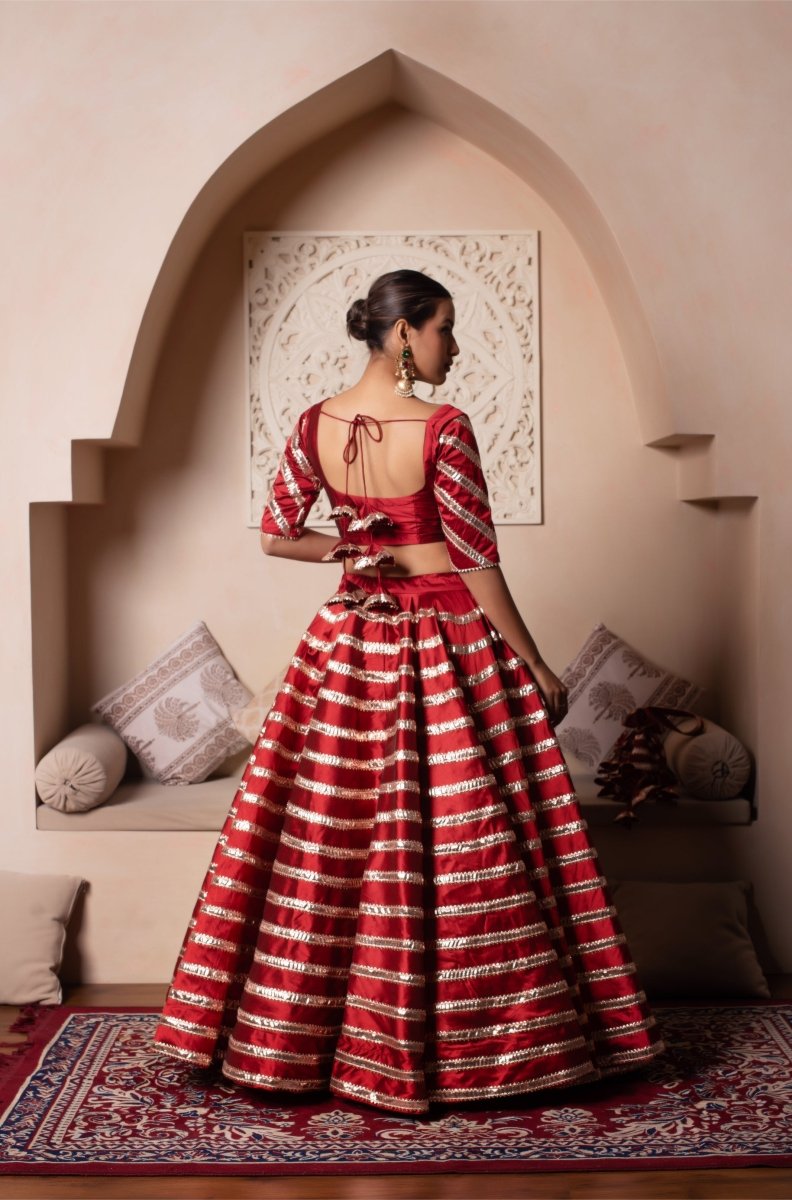 Women's Ghazal Red Taffeta Silk Gota Patti Lehenga Set With Soft Net Dupatta