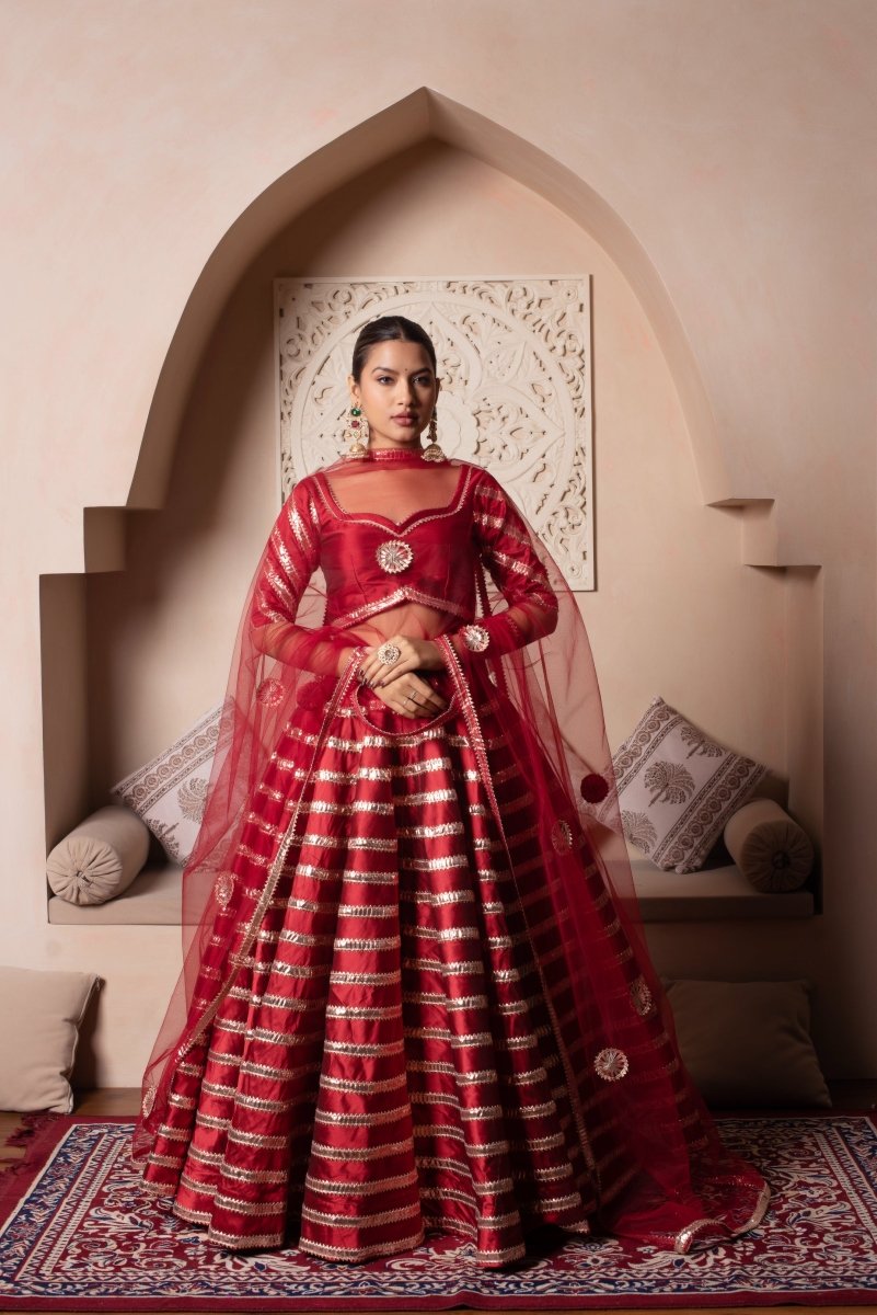 Women's Ghazal Red Taffeta Silk Gota Patti Lehenga Set With Soft Net Dupatta