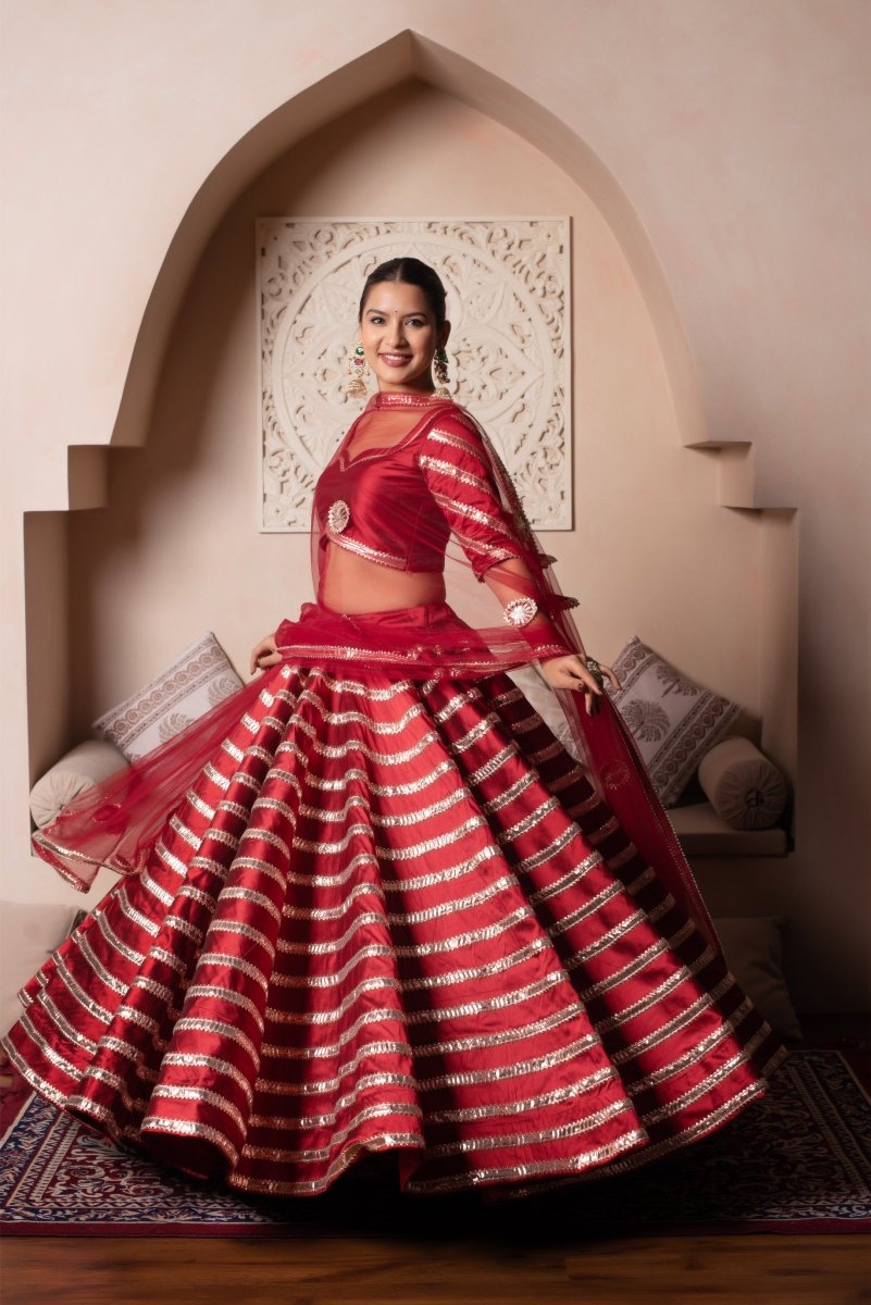 Women's Ghazal Red Taffeta Silk Gota Patti Lehenga Set With Soft Net Dupatta