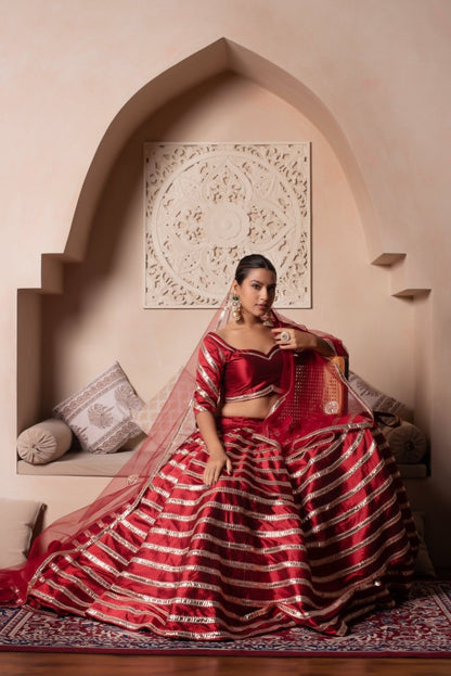Women's Ghazal Red Taffeta Silk Gota Patti Lehenga Set With Soft Net Dupatta