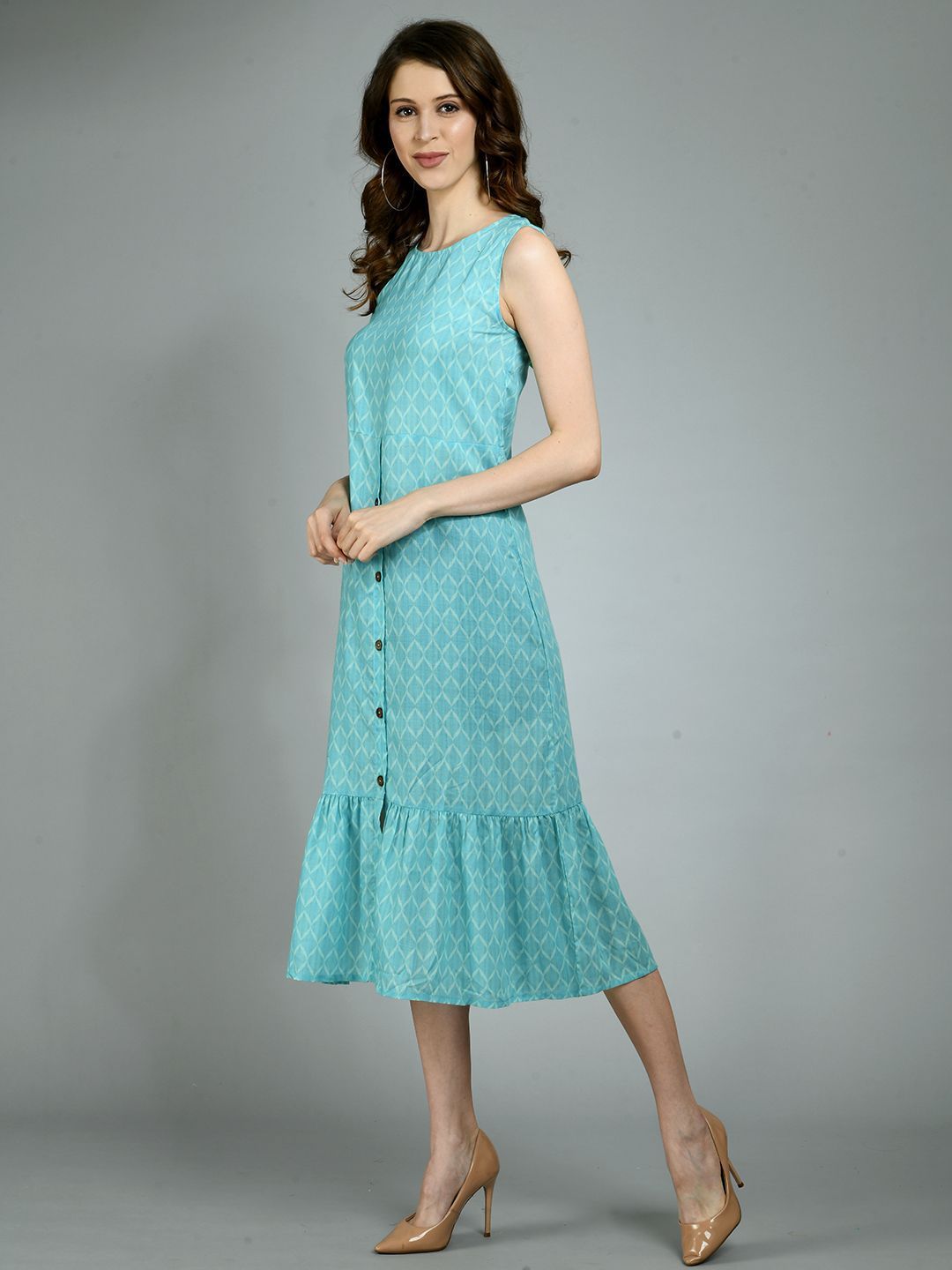 Women's Blue Poly Cotton Printed Sleeveless Round Neck Casual Dress