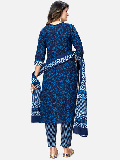 Women's Shibori Print & Sequence Straight Cotton Blue Kurta Pant With Dupatta (3Pcs Set)