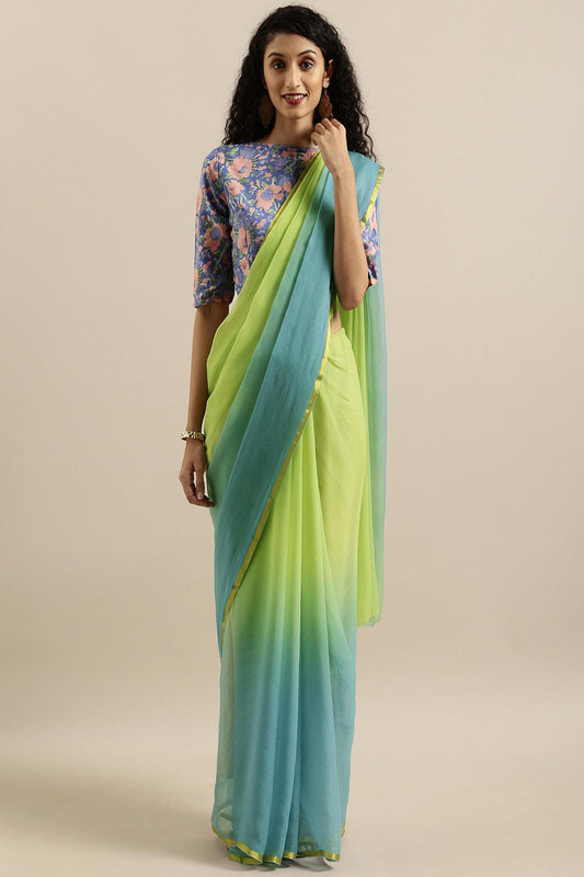 Women's Green Shaded Chiffon Saree With Zari Border