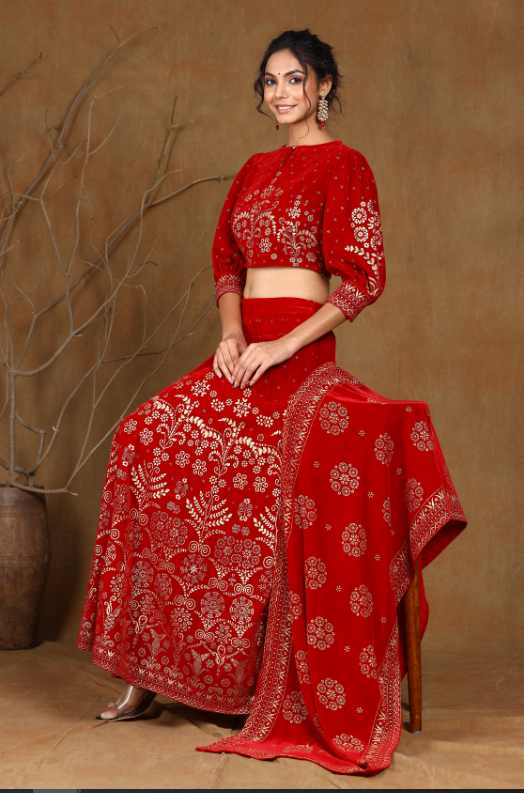 Women's Maroon Velvet Printed Lehenga Choli Dupatta Set