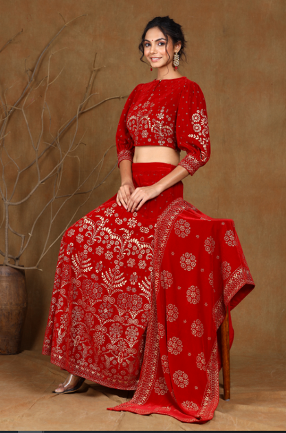 Women's Maroon Velvet Printed Lehenga Choli Dupatta Set