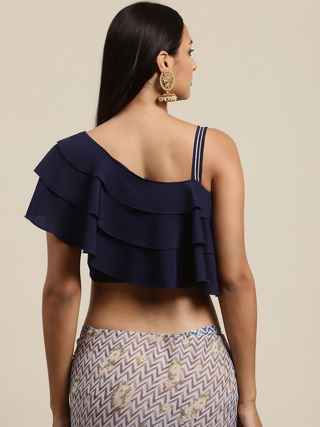 Women's Navy Blue Chiffon Digital Print Chevron Saree