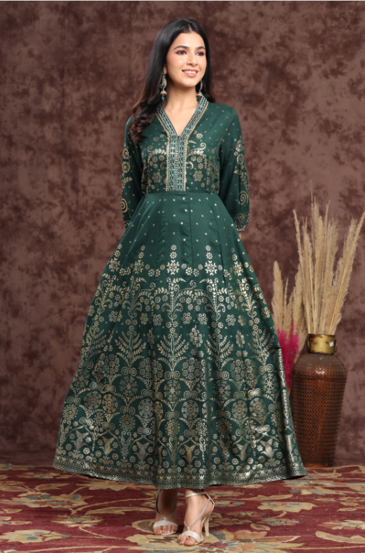 Women's Jadegreen Rayon Printed Anarkali Dress