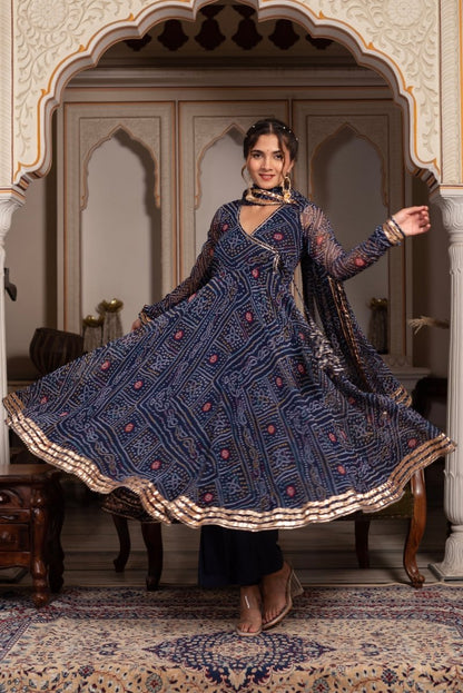 Women's Gulabi Galiyan Bandhej Blue Gota Patti Georgette Angrakha Set With Georgette Dupatta