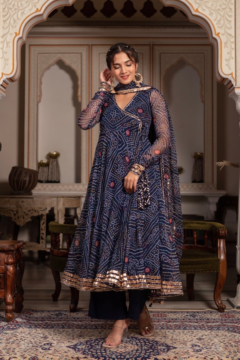 Women's Gulabi Galiyan Bandhej Blue Gota Patti Georgette Angrakha Set With Georgette Dupatta