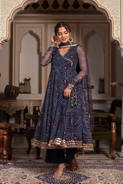 Women's Gulabi Galiyan Bandhej Blue Gota Patti Georgette Angrakha Set With Georgette Dupatta