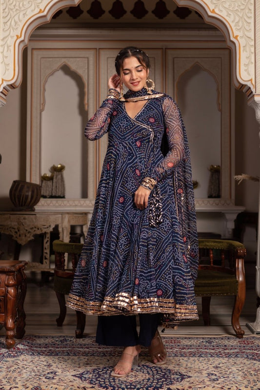 Women's Gulabi Galiyan Bandhej Blue Gota Patti Georgette Angrakha Set With Georgette Dupatta