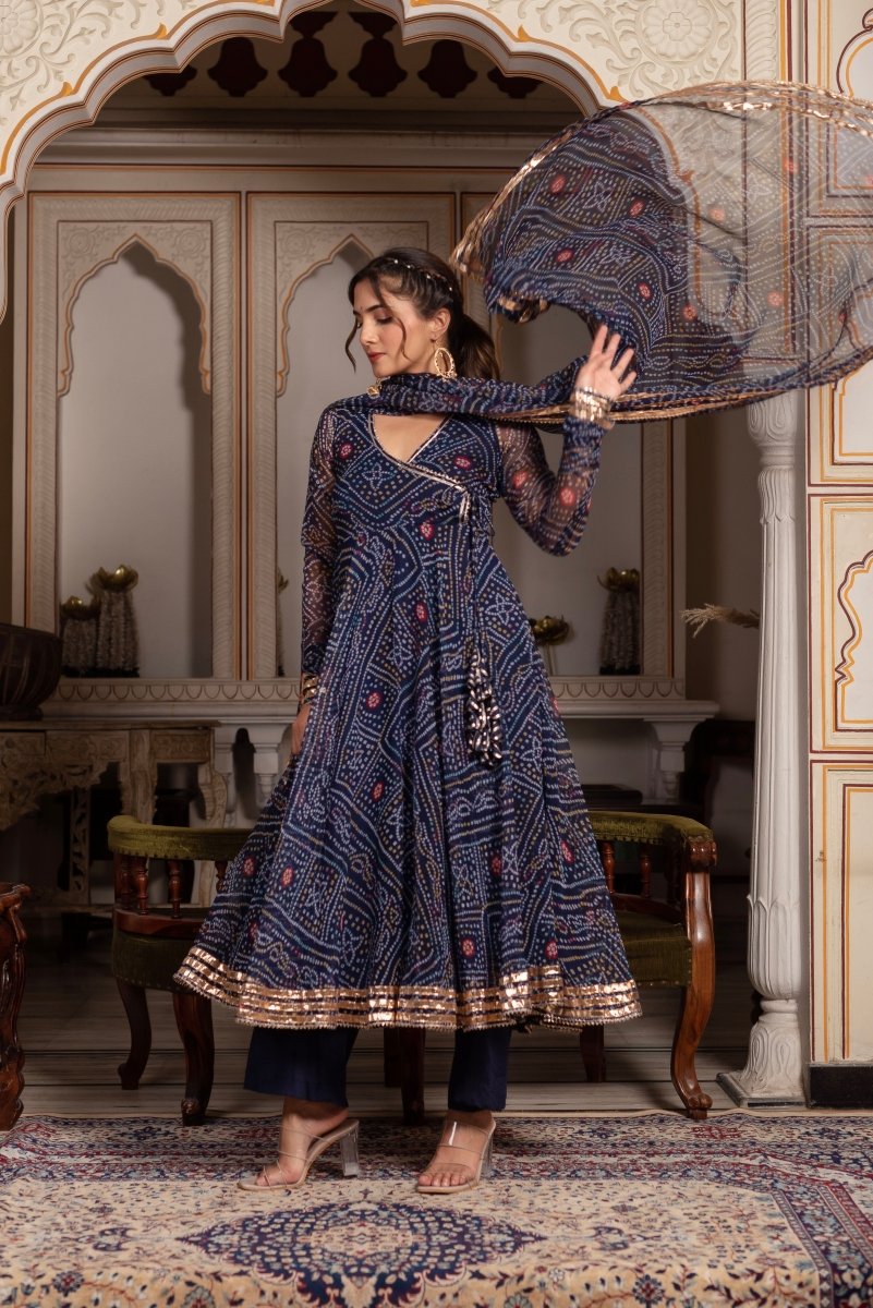 Women's Gulabi Galiyan Bandhej Blue Gota Patti Georgette Angrakha Set With Georgette Dupatta