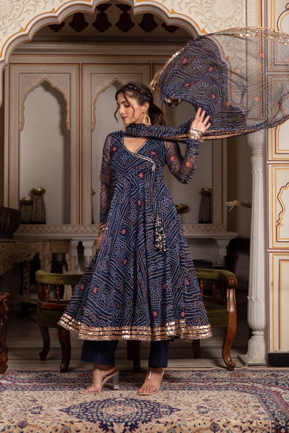 Women's Gulabi Galiyan Bandhej Blue Gota Patti Georgette Angrakha Set With Georgette Dupatta