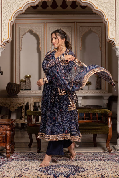 Women's Gulabi Galiyan Bandhej Blue Gota Patti Georgette Angrakha Set With Georgette Dupatta