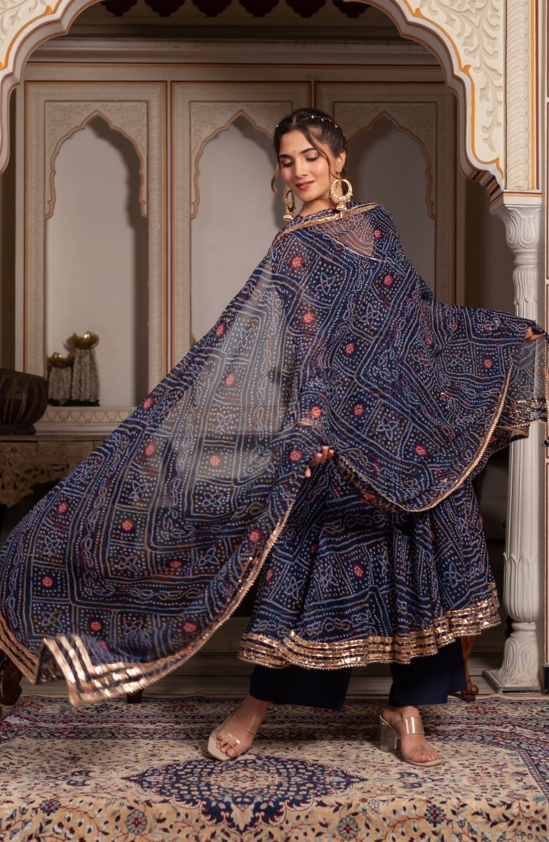 Women's Gulabi Galiyan Bandhej Blue Gota Patti Georgette Angrakha Set With Georgette Dupatta