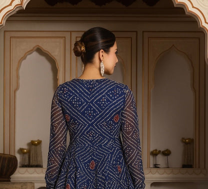 Women's Gulabi Galiyan Bandhej Blue Gota Patti Georgette Angrakha Set With Georgette Dupatta
