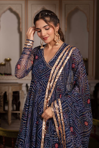 Women's Gulabi Galiyan Bandhej Blue Gota Patti Georgette Angrakha Set With Georgette Dupatta