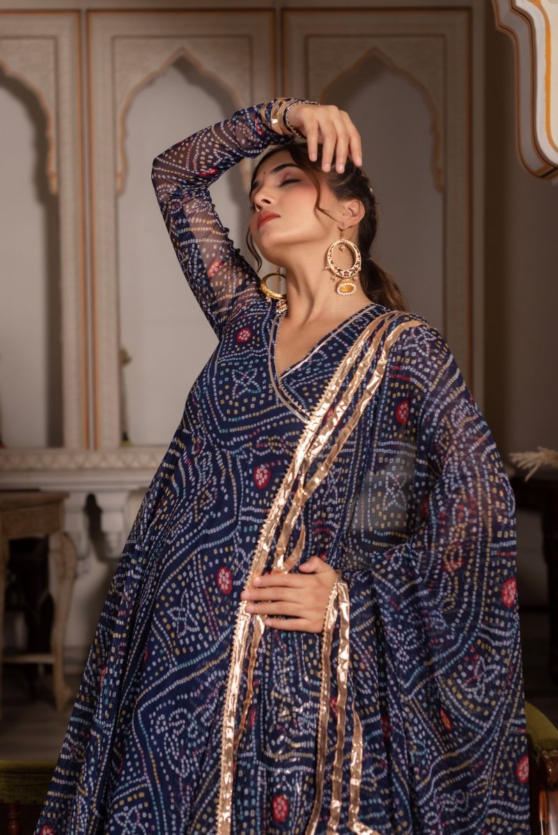 Women's Gulabi Galiyan Bandhej Blue Gota Patti Georgette Angrakha Set With Georgette Dupatta