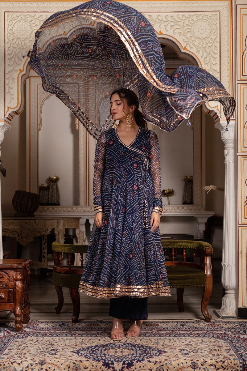 Women's Gulabi Galiyan Bandhej Blue Gota Patti Georgette Angrakha Set With Georgette Dupatta