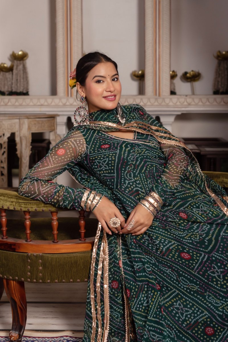 Women's Gulabi Galiyan Bandhej Green Georgette Gota Patti Angrakha Set With Georgette Dupatta