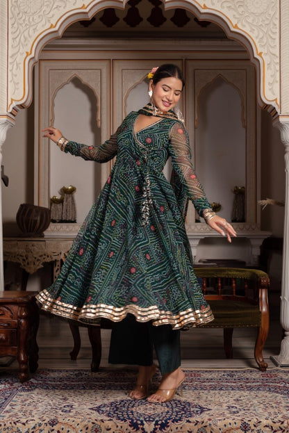 Women's Gulabi Galiyan Bandhej Green Georgette Gota Patti Angrakha Set With Georgette Dupatta