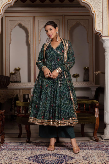 Women's Gulabi Galiyan Bandhej Green Georgette Gota Patti Angrakha Set With Georgette Dupatta