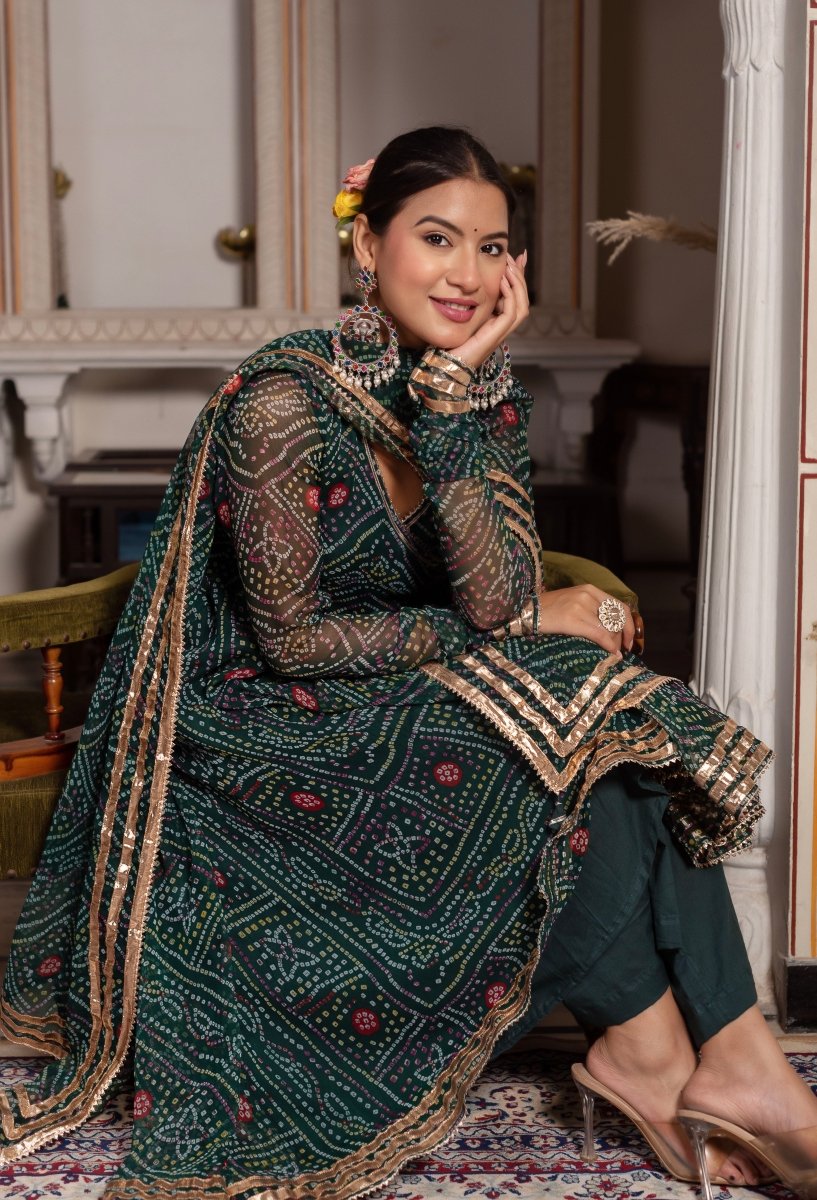 Women's Gulabi Galiyan Bandhej Green Georgette Gota Patti Angrakha Set With Georgette Dupatta
