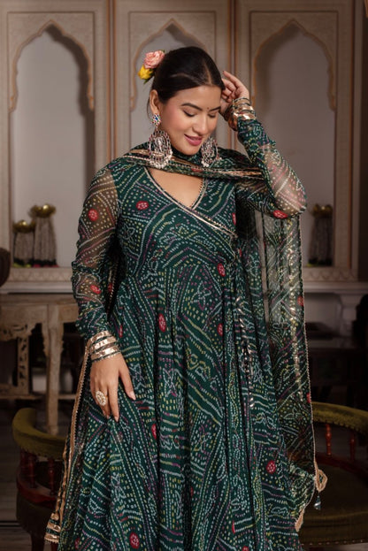 Women's Gulabi Galiyan Bandhej Green Georgette Gota Patti Angrakha Set With Georgette Dupatta