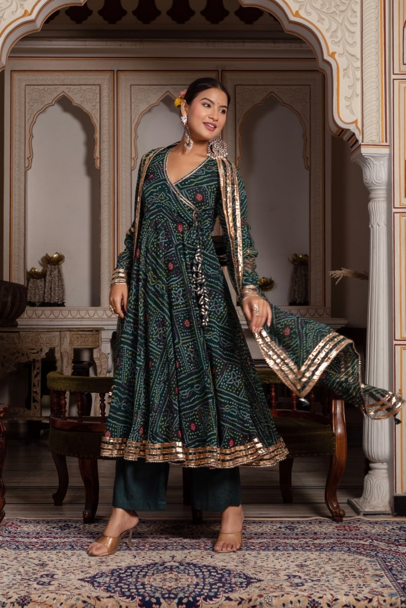 Women's Gulabi Galiyan Bandhej Green Georgette Gota Patti Angrakha Set With Georgette Dupatta