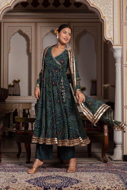 Women's Gulabi Galiyan Bandhej Green Georgette Gota Patti Angrakha Set With Georgette Dupatta