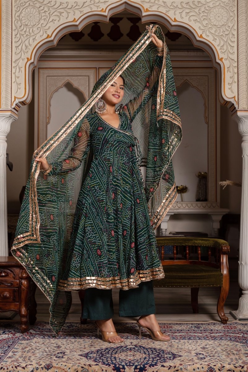 Women's Gulabi Galiyan Bandhej Green Georgette Gota Patti Angrakha Set With Georgette Dupatta