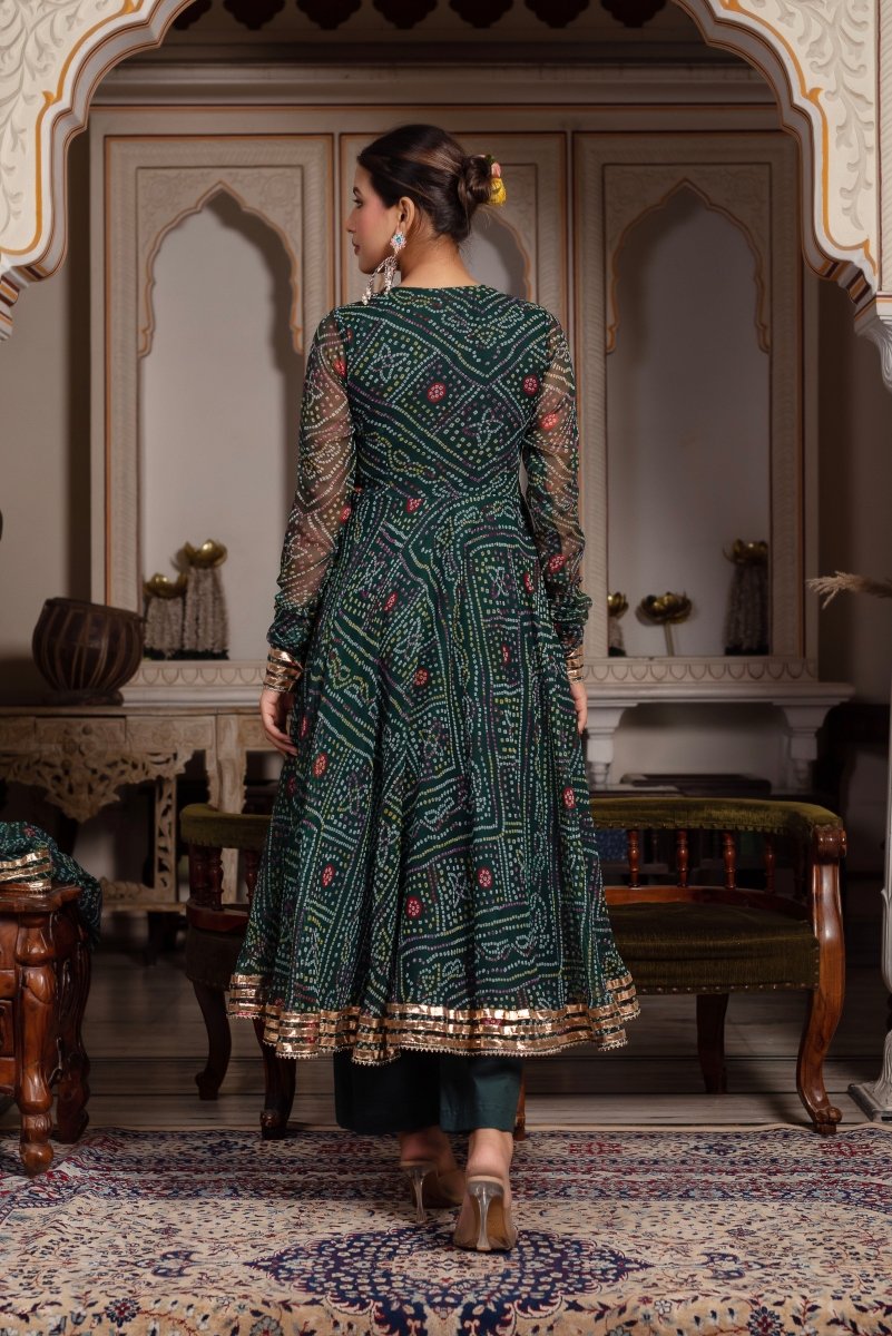 Women's Gulabi Galiyan Bandhej Green Georgette Gota Patti Angrakha Set With Georgette Dupatta