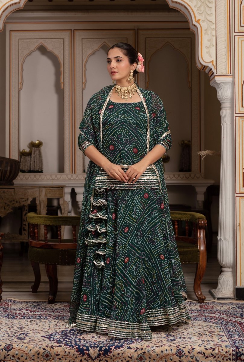 Women's Gulabi Galiyan Green Georgette Bandhej Gota Patti Skirt Set With Georgette Dupatta