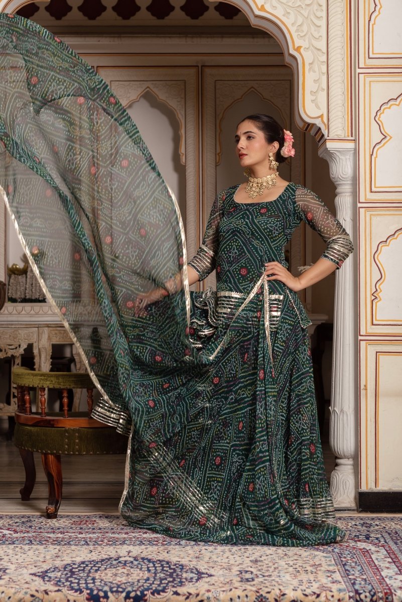 Women's Gulabi Galiyan Green Georgette Bandhej Gota Patti Skirt Set With Georgette Dupatta