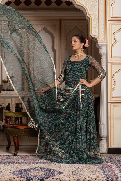 Women's Gulabi Galiyan Green Georgette Bandhej Gota Patti Skirt Set With Georgette Dupatta