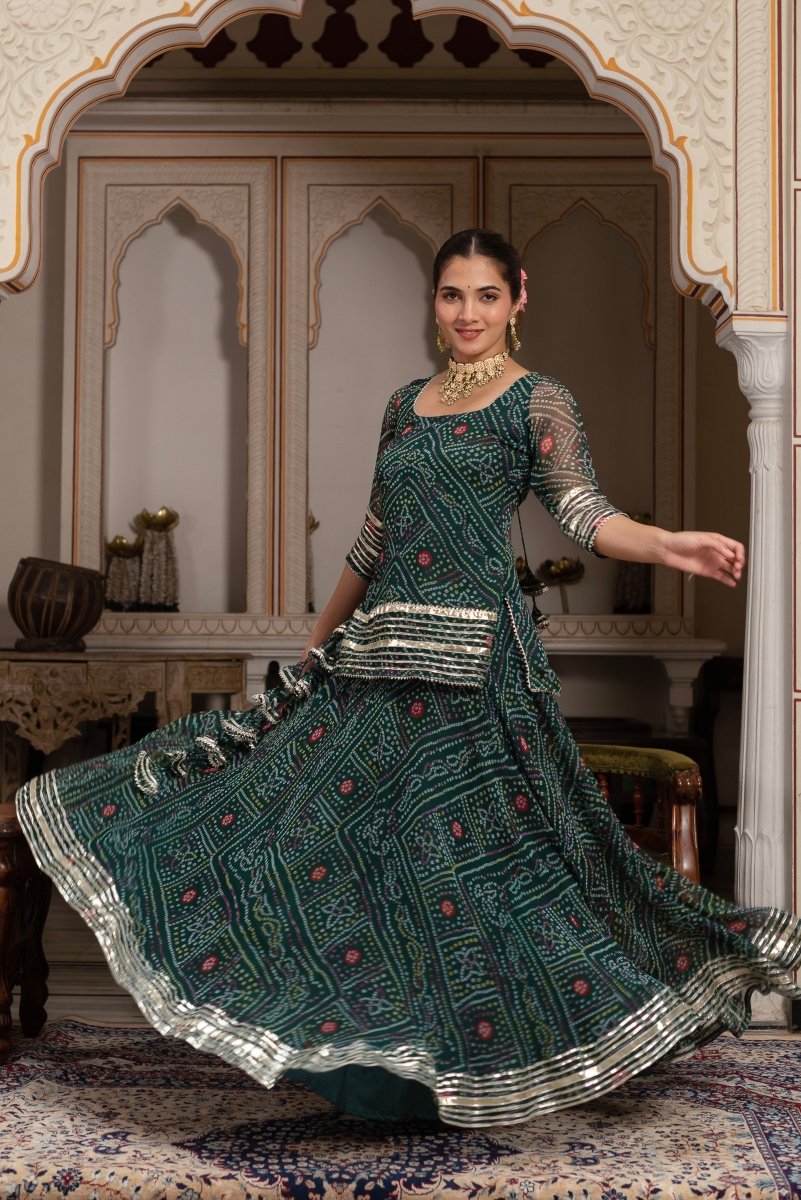 Women's Gulabi Galiyan Green Georgette Bandhej Gota Patti Skirt Set With Georgette Dupatta