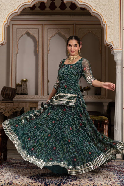 Women's Gulabi Galiyan Green Georgette Bandhej Gota Patti Skirt Set With Georgette Dupatta