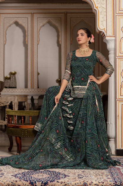 Women's Gulabi Galiyan Green Georgette Bandhej Gota Patti Skirt Set With Georgette Dupatta