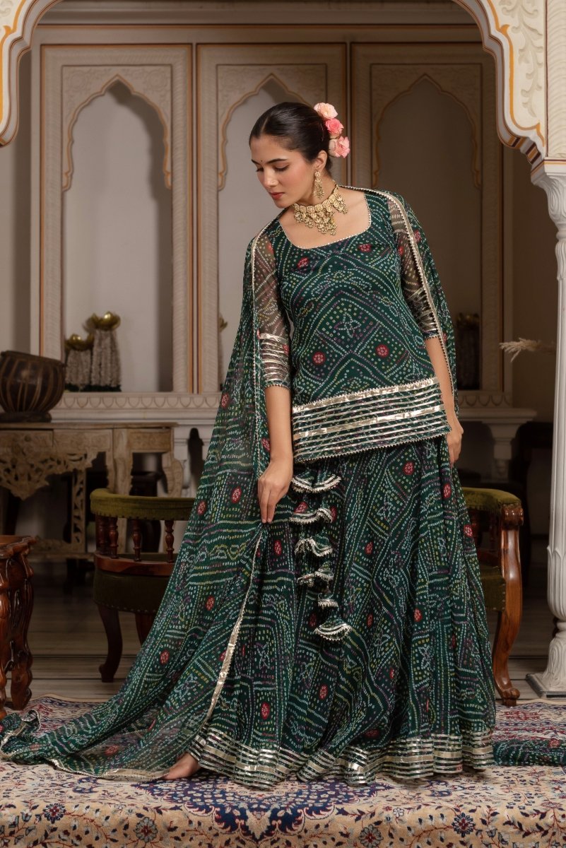 Women's Gulabi Galiyan Green Georgette Bandhej Gota Patti Skirt Set With Georgette Dupatta