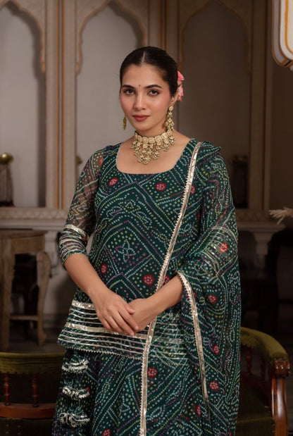 Women's Gulabi Galiyan Green Georgette Bandhej Gota Patti Skirt Set With Georgette Dupatta
